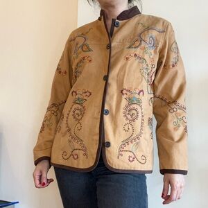 70s Vintage Denim & Co. Boho Chic Tan, Brown Trim Paisley Design Jacket XS